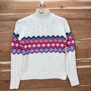 St. John's Bay Sweater Womens White Fair Isle Mock Turtleneck Cable Knit size XS